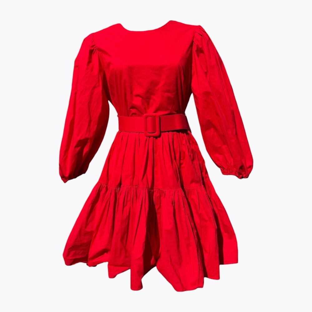 Ina (i:na) Vibrant Red Puff Sleeve Mini Dress Size L Romantic Statement - Picture 2 of 6